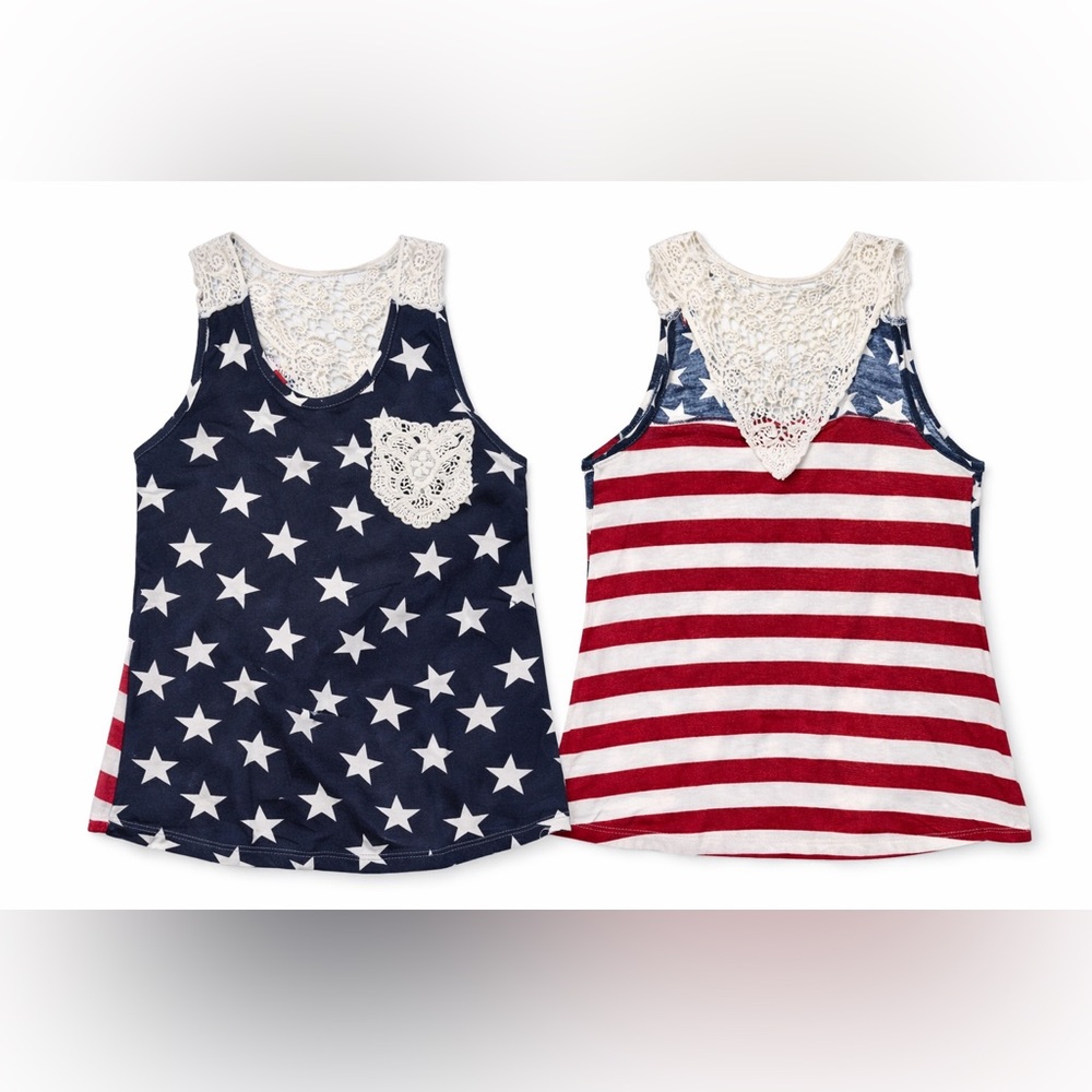 Rue21 American Flag Tank Top Lace Back Stars & Stripes Patriotic Boho - Picture 2 of 2